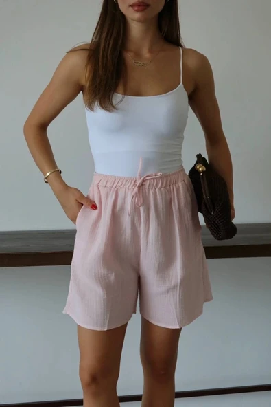Müslin kumaş şort bağcıklı pembe pt ürün görseli 1