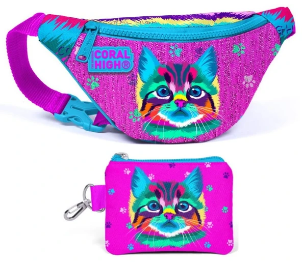 Coral High Mor Pembe Kedi Bel Çantası ve Bozuk Para Çantası Seti - Kız Çocuk ürün görseli 1