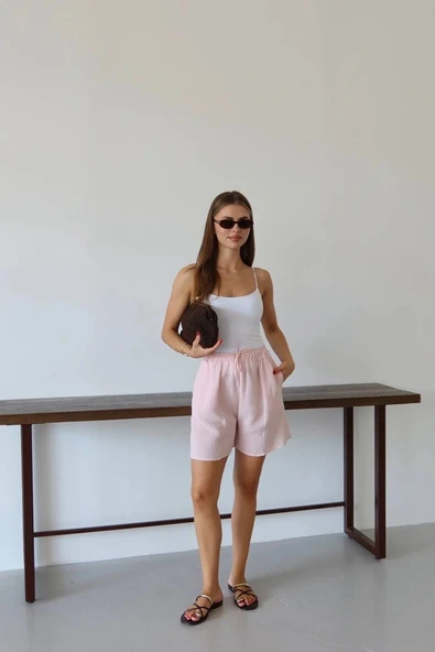 Müslin kumaş şort bağcıklı pembe pt - Resim 4