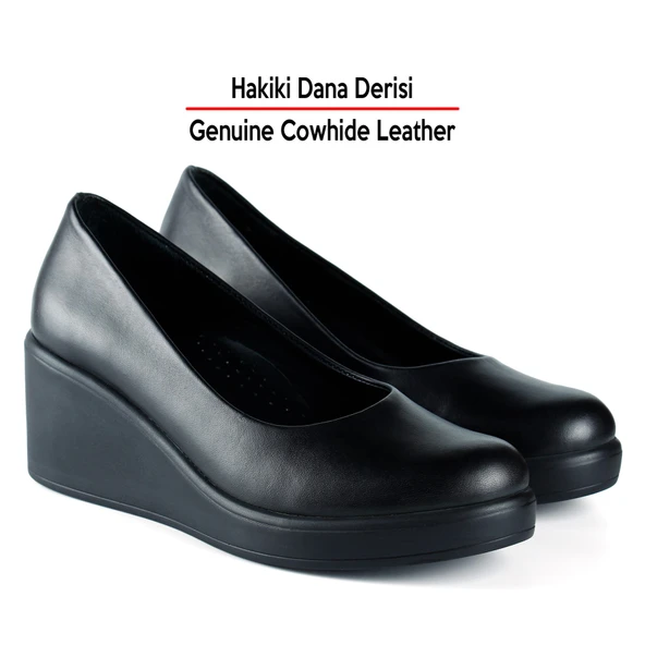 Erkan Saçmacı Mabel Siyah Hakiki Dana Derisi Yuvarlak Burun Dolgu Topuklu Günlük Ayakkabı - Resim 4