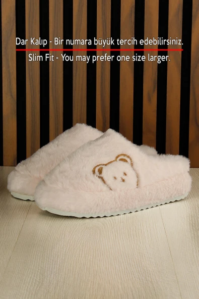 Erkan Saçmacı  Clara Pudra Pelüş - DAR KALIP - Ayıcık Desenli Kalın Düz Tabanlı Sessiz Kadın Ev Terliği - Resim 4