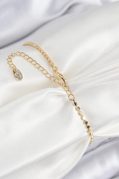 Pirinç Zirkon Taşlı Damla Model Ezme Zincir Gold Renk Kadın Bileklik - TJ-BB7589 - Resim 2