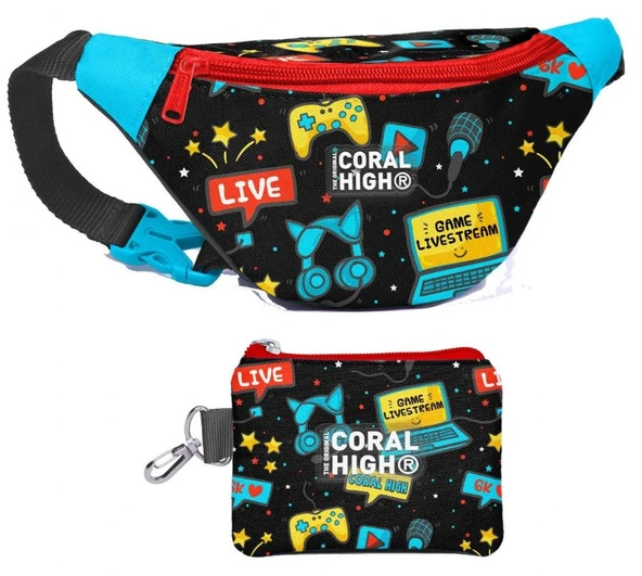 Coral High Erkek Çocuk Siyah Mavi Gamer Desenli Bel Çantası ve Bozuk Para Cüzdanı Set ürün görseli 1