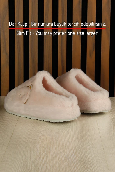 Erkan Saçmacı  Clara Pudra Pelüş - DAR KALIP - Ayıcık Desenli Kalın Düz Tabanlı Sessiz Kadın Ev Terliği - Resim 5