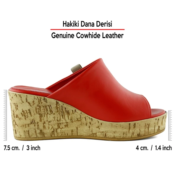 Erkan Saçmacı Fitoria Kırmızı Hakiki Dana Derisi Önü Açık Mantar Taban Görünümlü Dolgu Topuklu Terlik - Resim 2