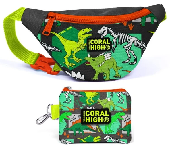 Coral High Yeşil Dinazor Bel Çantası ve Bozuk Para Çantası Seti - Erkek Çocuk ürün görseli 1