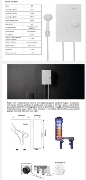 Cemsan c7 güneş enerji sistemine uyumlu sigorta ve kutusu dahil elektrikli şofben - Resim 3