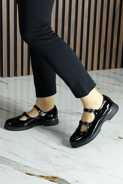 Erkan Saçmacı  Siyah Rugan Hakiki Dana Derisi Çift Bantlı Mary Jane Kalın Topuklu Günlük Ayakkabı - Resim 4