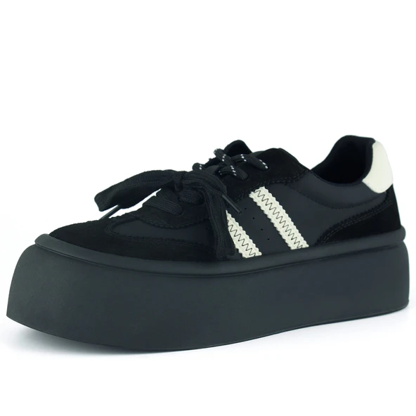 Erkan Saçmacı Siyah Vegan Çift Bağcıklı Yuvarlak Burun Flatform Taban Günlük Sneaker Spor Ayakkabı ürün görseli 1