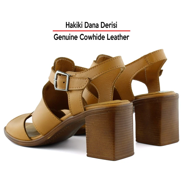 Erkan Saçmacı Svajone Taba Hakiki Dana Derisi Kesik Detaylı Tokalı Kalın Topuklu Rahat Günlük Sandalet - Resim 7