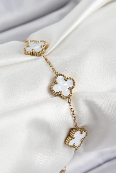 316L Çelik Beyaz Sedef Yonca Model Gold Renk Kadın Bileklik - TJ-BB7364 ürün görseli 1