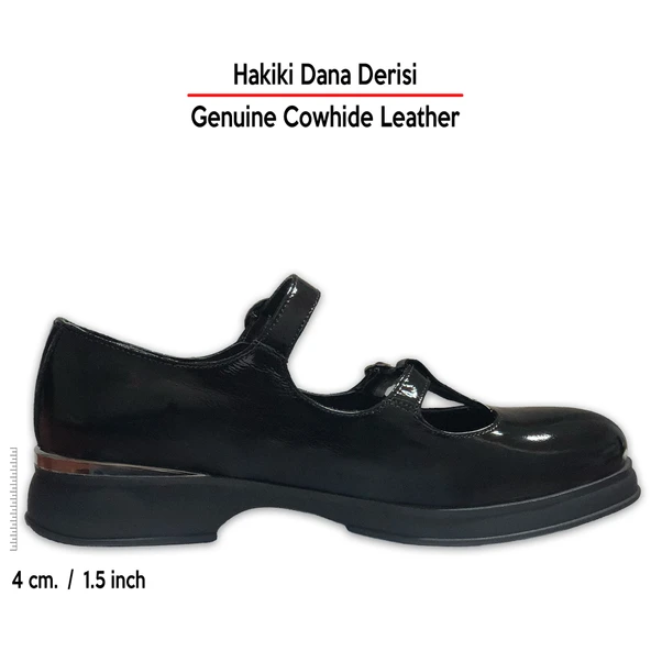 Erkan Saçmacı  Siyah Rugan Hakiki Dana Derisi Çift Bantlı Mary Jane Kalın Topuklu Günlük Ayakkabı - Resim 2