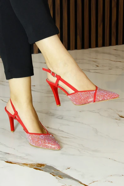Erkan Saçmacı Sacha Exclusive Kırmızı Krep Taşlı Arkası Açık Sivri Burun İnce Topuklu Abiye Ayakkabı ürün görseli 1