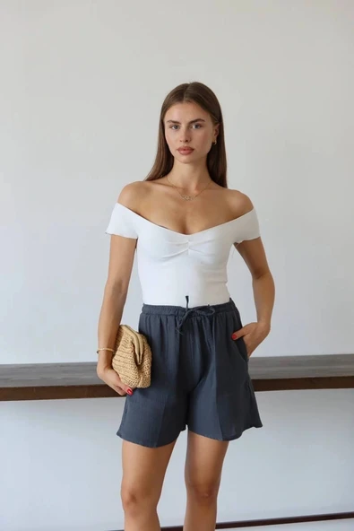 Müslin kumaş şort bağcıklı antrasit pt ürün görseli 1