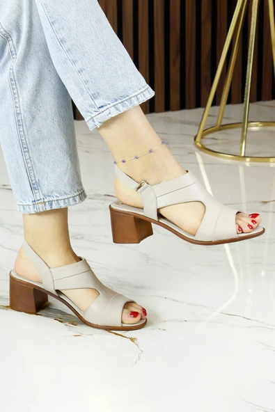 Erkan Saçmacı Kanne Vizon Hakiki Dana Derisi Cırt Bantlı Kalın Topuklu Rahat Günlük Sandalet ürün görseli 1