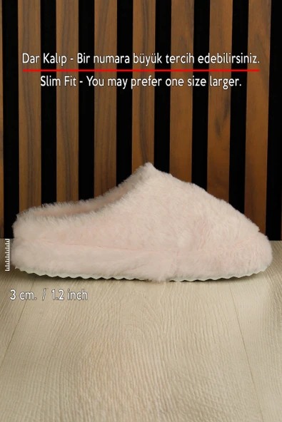 Erkan Saçmacı  Clara Pudra Pelüş - DAR KALIP - Ayıcık Desenli Kalın Düz Tabanlı Sessiz Kadın Ev Terliği - Resim 2