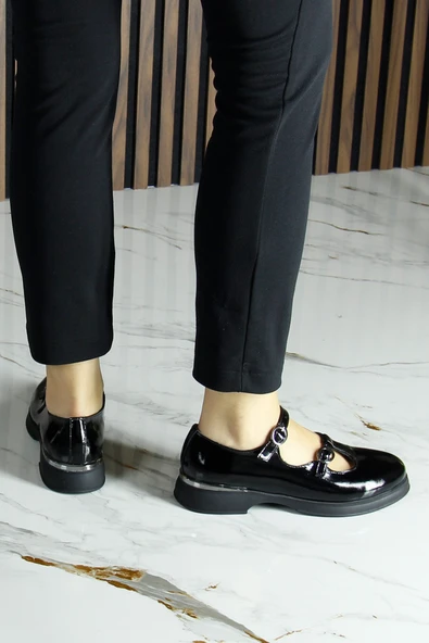 Erkan Saçmacı  Siyah Rugan Hakiki Dana Derisi Çift Bantlı Mary Jane Kalın Topuklu Günlük Ayakkabı - Resim 5