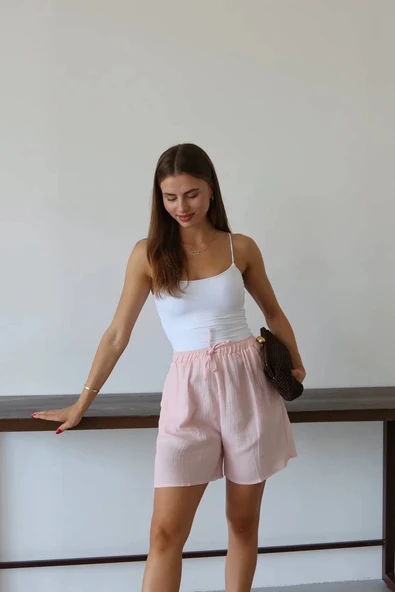 Müslin kumaş şort bağcıklı pembe pt - Resim 3