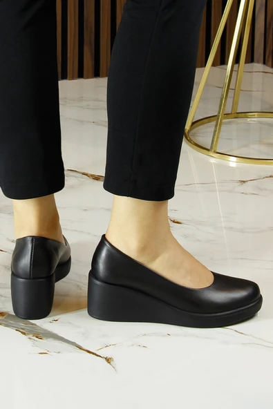 Erkan Saçmacı Mabel Siyah Hakiki Dana Derisi Yuvarlak Burun Dolgu Topuklu Günlük Ayakkabı - Resim 5