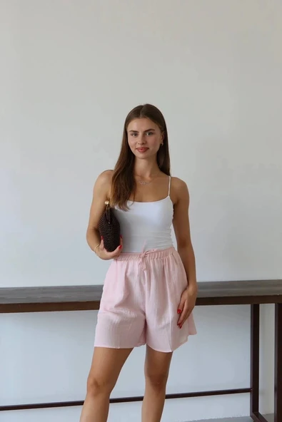 Müslin kumaş şort bağcıklı pembe pt - Resim 2