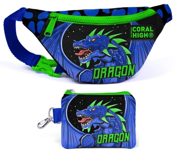 Coral High Mavi Yeşil Dragon Bel Çantası ve Bozuk Para Çantası Seti - Erkek Çocuk ürün görseli 1