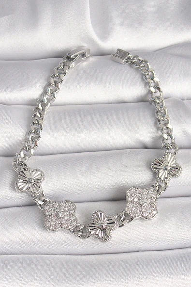 Pirinç Gümüş Renk Zincir Yonca Model Kadın Bileklik - TJ-BB6837 ürün görseli 1