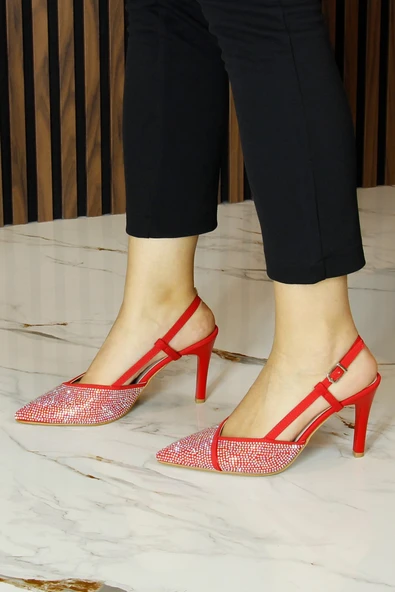 Erkan Saçmacı Sacha Exclusive Kırmızı Krep Taşlı Arkası Açık Sivri Burun İnce Topuklu Abiye Ayakkabı - Resim 4