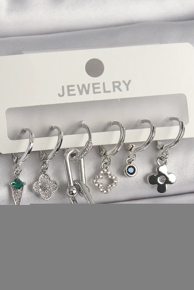 Pirinç Gümüş Renk Zirkon Taşlı Çoklu Figür Kadın Küpe Seti - TJ-BKP10095 ürün görseli 1