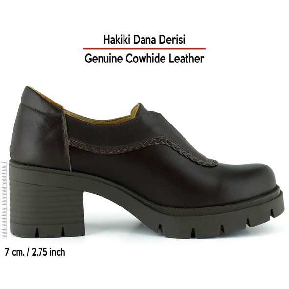 Erkan Saçmacı  Kahverengi Hakiki Dana Derisi Lastikli Saç Örgü Detaylı Kalın Topuklu Günlük Loafer Ayakkabı - Resim 3