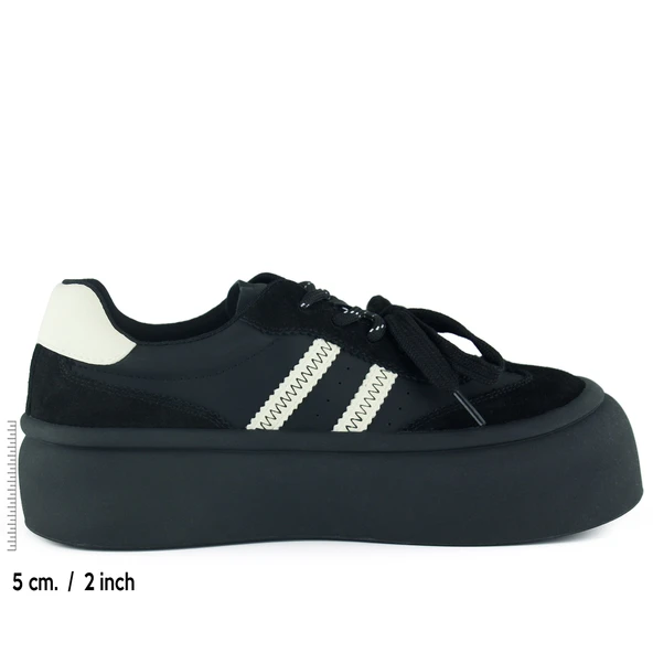Erkan Saçmacı Siyah Vegan Çift Bağcıklı Yuvarlak Burun Flatform Taban Günlük Sneaker Spor Ayakkabı - Resim 2