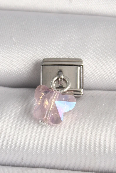 316L Çelik Gümüş Renk Pembe Zirkon Taşlı Kelebek Model Nomination Charm - TJ-BC1319 ürün görseli 1