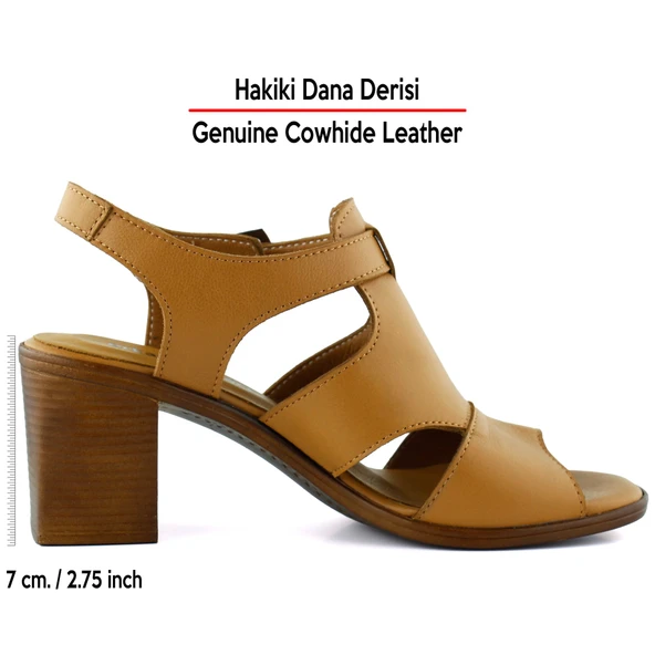 Erkan Saçmacı Svajone Taba Hakiki Dana Derisi Kesik Detaylı Tokalı Kalın Topuklu Rahat Günlük Sandalet - Resim 2
