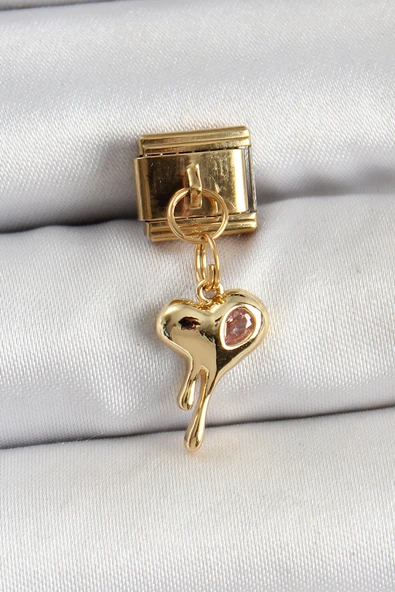 316L Çelik Sallantılı Zirkon Taşlı Eriyen Kalp Model Gold Renk Nomination Charm - TJ-BC1433 ürün görseli 1