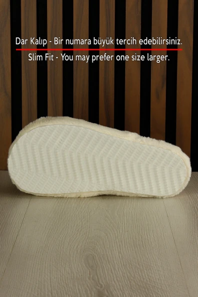 Erkan Saçmacı Clara Krem Pelüş - DAR KALIP - Ayıcık Desenli Kalın Düz Tabanlı Sessiz Kadın Ev Terliği - Resim 6