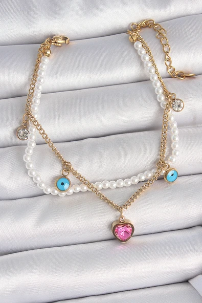 316L Çelik Gold Renk 2'Li İncili Zincir Sallantı Pembe Kalp Model Nazar Boncuk Detay Kadın Bileklik - TJ-BB6949 ürün görseli 1