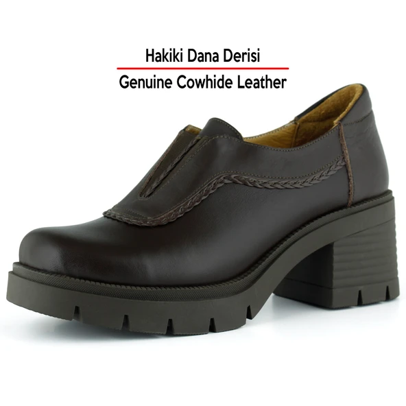 Erkan Saçmacı  Kahverengi Hakiki Dana Derisi Lastikli Saç Örgü Detaylı Kalın Topuklu Günlük Loafer Ayakkabı - Resim 2