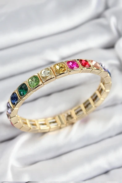 Pirinç Karışık Zirkon Taşlı Kare Model Gold Renk Lastikli Kadın Bileklik - TJ-BB7498 ürün görseli 1