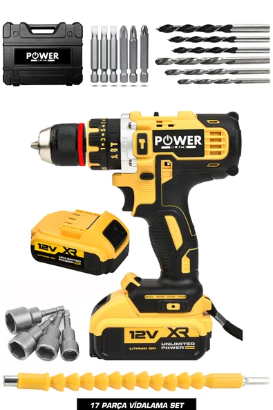 POWER BLACK Ultragüçlü 12v Darbeli Şarjlı Matkap Metal Şanzıman Bakır Sargılı Çift Akülü 17 Parça Set Powerblack ürün görseli 1