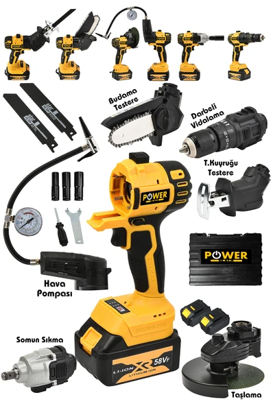 POWER BLACK 6 Lı Pro Set Şarjlı Matkap Taşlama Testere Tilki Kuyruğu Havalı Pompa Somun Sökme Sarı ürün görseli 1