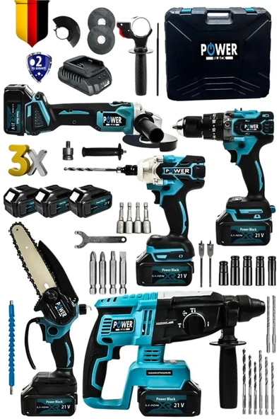 POWER BLACK 5Li Set Kömürsüz Motor 3x Akü Taşlama Somun Sıkma Kırıcı Delici Matkap & Dal Budama Testere Makinesi ürün görseli 1