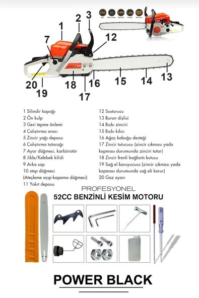 POWER BLACK Ekstra Güçlü 52cc 2.9 Hp 8000 Rpm Benzinli Ağaç Odun Dal Kesme Makinesi Motorlu Testere - Resim 3