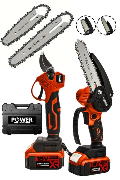 POWER BLACK Germany 2 Li Set 18 Vf 3 Ah Çift Akülü Çelik Şanzıman Şarjlı Dal Budama & Testeresi Powerblack ürün görseli 1