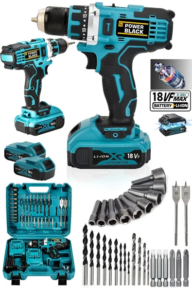 POWER BLACK Pro Germany Technology Şarjlı Matkap Çelik Şanzuman Çift Akülü Li-on Batarya 30 Parça Powerblack ürün görseli 1