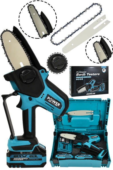 POWER BLACK Extra Kömürsüz Motor Şarjlı El Testeresi Ağaç Odun Dal Kesme Budama Mavi ürün görseli 1