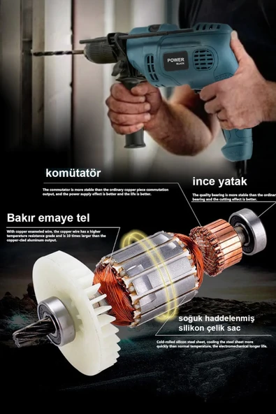 POWER BLACK 13 Mm Darbeli Germany Style 1100 W Elektirikli Matkap Mavi0013 - Resim 5