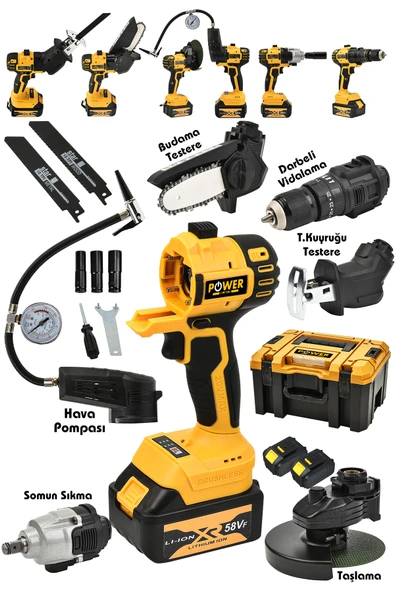 POWER BLACK 6 Lı Pro Set Taşlama Şarjlı Matkap Testere Tilki Kuyruğu Havalı Pompa Somun Sökme Sarı ürün görseli 1
