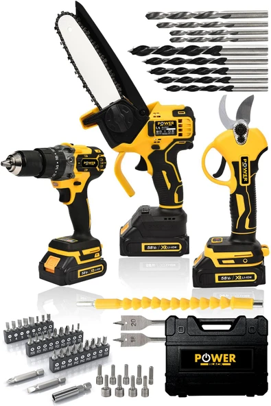 POWER BLACK GERMANYPROFESYONEL 2Akülü3LÜ SET Şarjlı Dal Ağaç Kesme Testere + Bağ Budama Makası + Akülü Vidalama ürün görseli 1