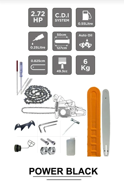 POWER BLACK Ekstra Güçlü 52cc 2.9 Hp 8000 Rpm Benzinli Ağaç Odun Dal Kesme Makinesi Motorlu Testere - Resim 2