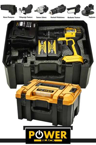 POWER BLACK 6 Lı Pro Set Taşlama Şarjlı Matkap Testere Tilki Kuyruğu Havalı Pompa Somun Sökme Sarı - Resim 2
