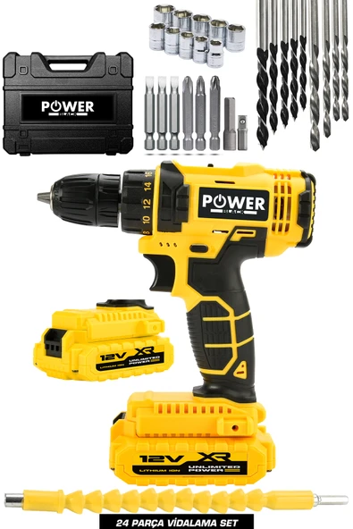 POWER BLACK 12 V Çelik Şanzuman Bakır Sargılı Çift Akülü Şarjlı Matkap Vidalama ürün görseli 1